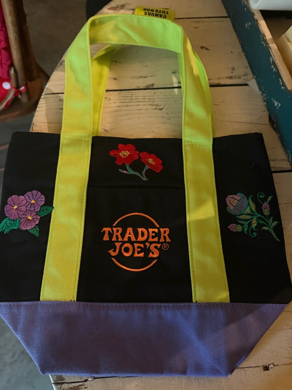 Trader Joe's Floral Embroidered Tote in Black, Lime and Purple